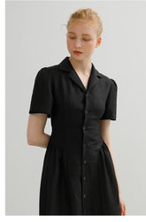 Tailored Linen Shirt Dress with Short Sleeves and Button Front